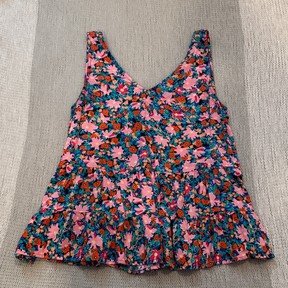 LOFT Floral V-Neck Sleeveless Tiered Tank - Pink, Teal & Orange